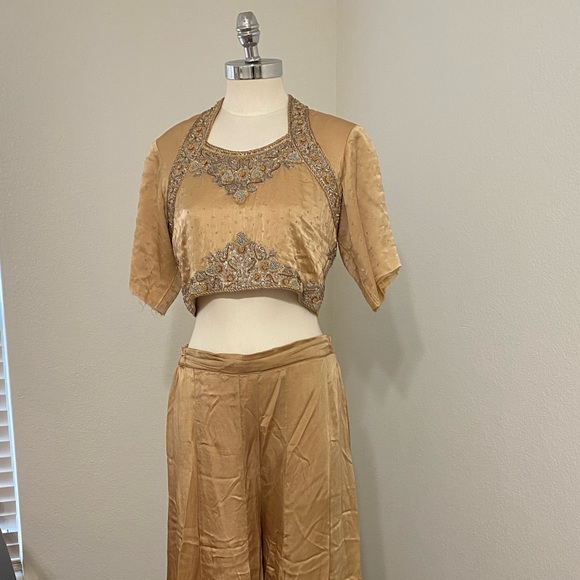Gorgeous custom made set - cropped embellished top w/ gold flared pants. - Picture 2 of 9